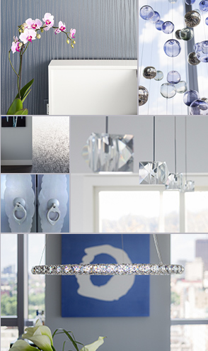 collage of interior design images blue and gray hues and flowers